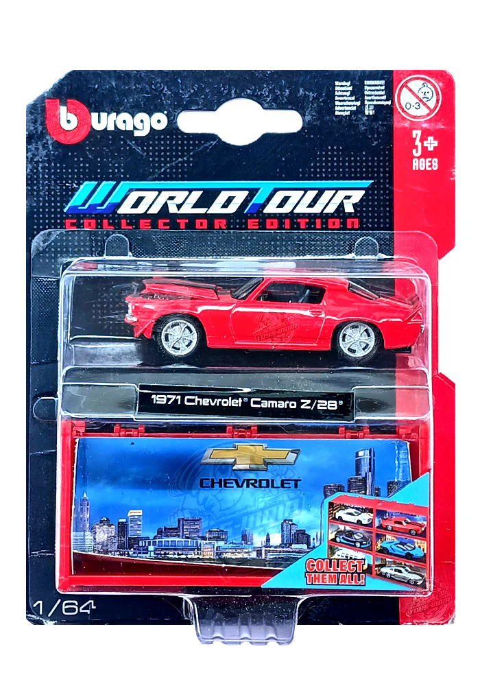 EXCLUSIVES Burago World Tour Collection Edition 1971 Chevrolet Camaro Z/28 - Red (Scale 1:64)