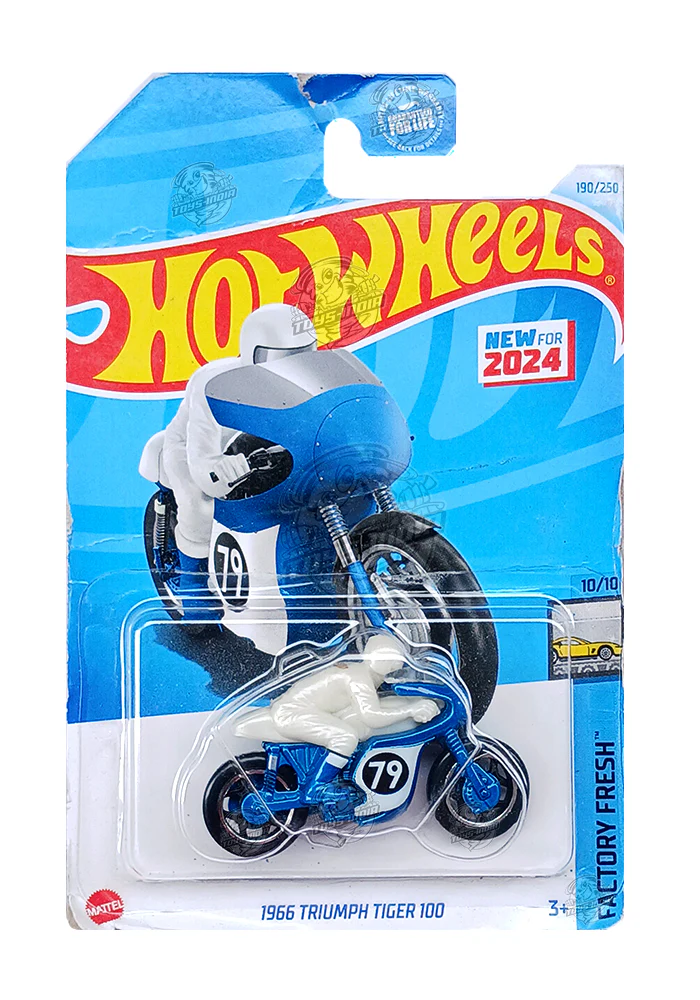 EXCLUSIVES Hot Wheels 1966 Triumph Tiger 100 - White / Blue - 2021 Card (Card Damage / Car in Excellent Condition) (With Protector Case)