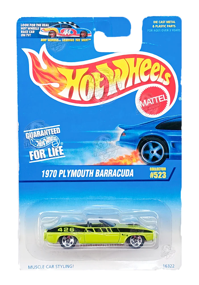 EXCLUSIVES Hot Wheels 1970 Plymouth Barracuda - Green / Black - 1996 Card (With Protector Case)