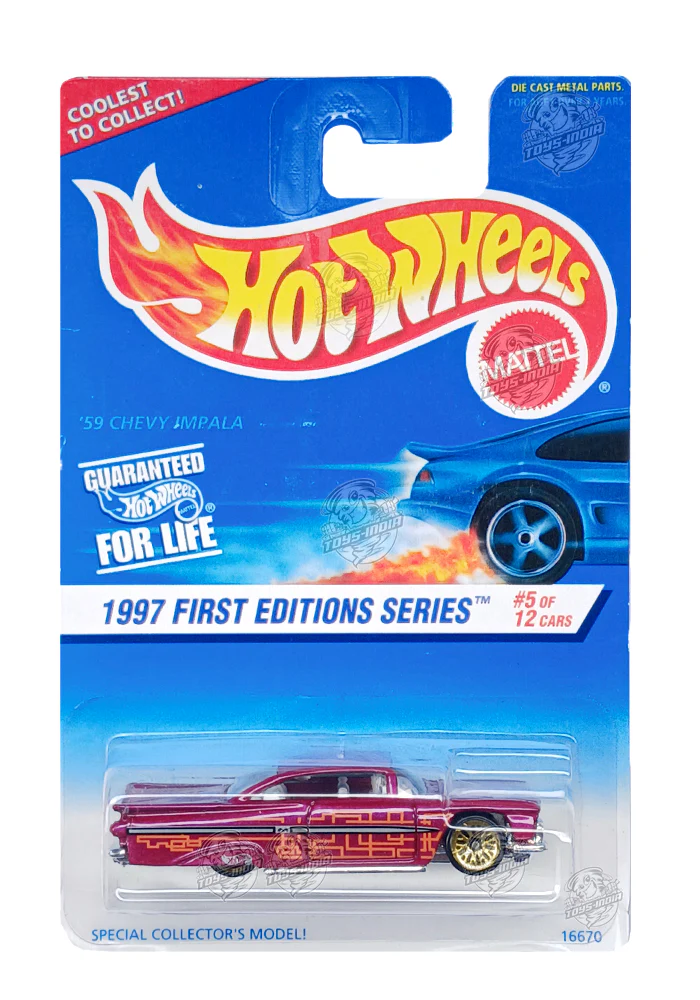 EXCLUSIVES Hot Wheels 1997 First Editions '59 Chevy Impala - Pink - 1996 Card (With Protector Case)