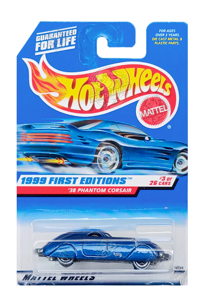 EXCLUSIVES Hot Wheels 1999 First Editions '38 Phantom Corsair - Blue - 1998 Card (Blister Damage / Car in Excellent Condition) (With Protector Case)