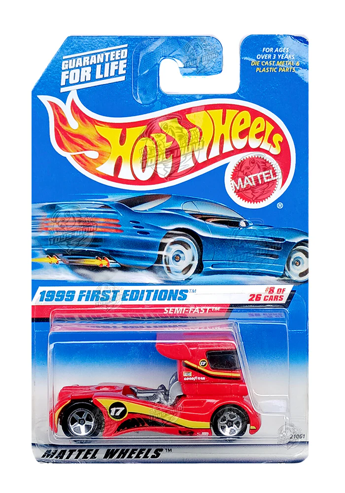 EXCLUSIVES Hot Wheels 1999 First Editions Semi-Fast - Red - 1998 Card (Creased Card / Car in Excellent Condition) (With Protector Case)