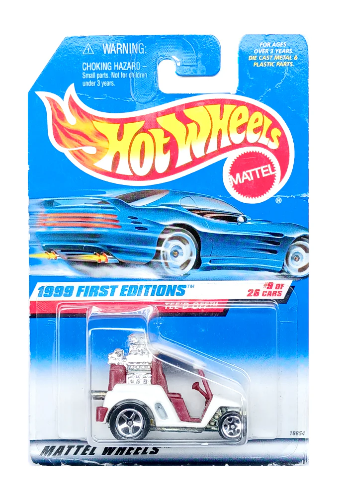 EXCLUSIVES Hot Wheels 1999 First Editions Tee'd Off - White / Red - 1998 Card (Creased Card / Car in Excellent Condition) (With Protector Case)