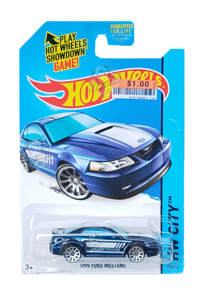 EXCLUSIVES Hot Wheels 1999 Ford Mustang - Blue / White - 2013 Card (With Protector Case)