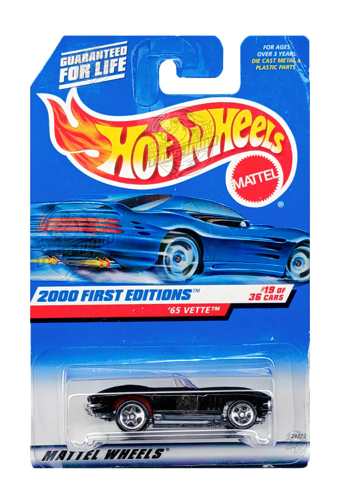 EXCLUSIVES Hot Wheels 2000 First Editions '65 Vette - Black - 1999 Card (Creased Card / Car in Excellent Condition) (With Protector Case)