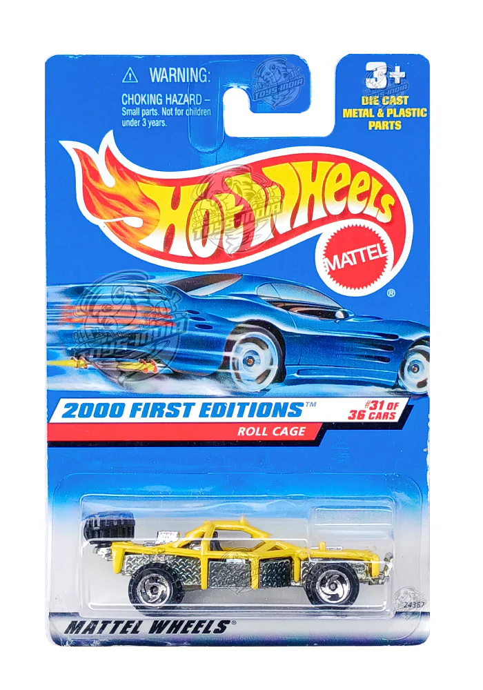 EXCLUSIVES Hot Wheels 2000 First Editions Roll Cage - Yellow / Silver - 1999 Card (With Protector Case)