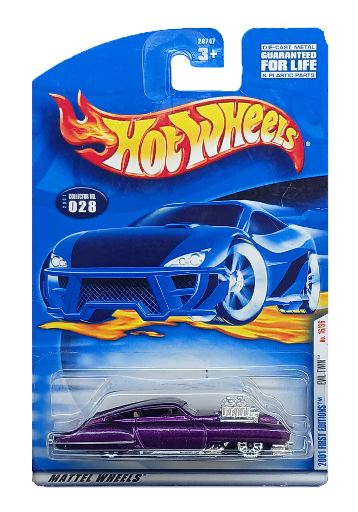 EXCLUSIVES Hot Wheels 2001 First Editions Evil Twin - Purple - 2000 Card (With Protector Case)