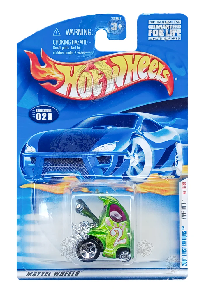 EXCLUSIVES Hot Wheels 2001 First Editions Hyper Mite - Green - 2000 Card (With Protector Case)
