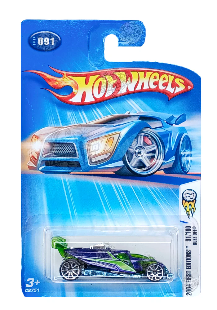 EXCLUSIVES Hot Wheels 2004 First Editions Buzz Off - Purple / Green - 2004 Card (Creased Card / Car in Excellent Condition) (With Protector Case)