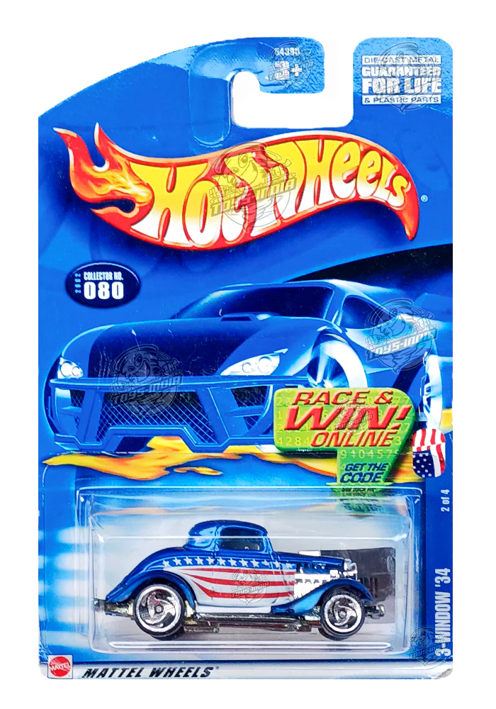 EXCLUSIVES Hot Wheels 3-Window '34 - Blue / Red - 2001 Card (With Protector Case)