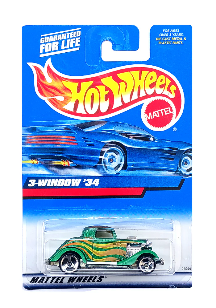 EXCLUSIVES Hot Wheels 3-Window '34 - Green / Yellow - 1999 Card (With Protector Case)