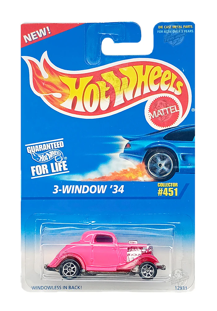 EXCLUSIVES Hot Wheels 3-Window '34 - Pink - 1995 Card (With Protector Case)