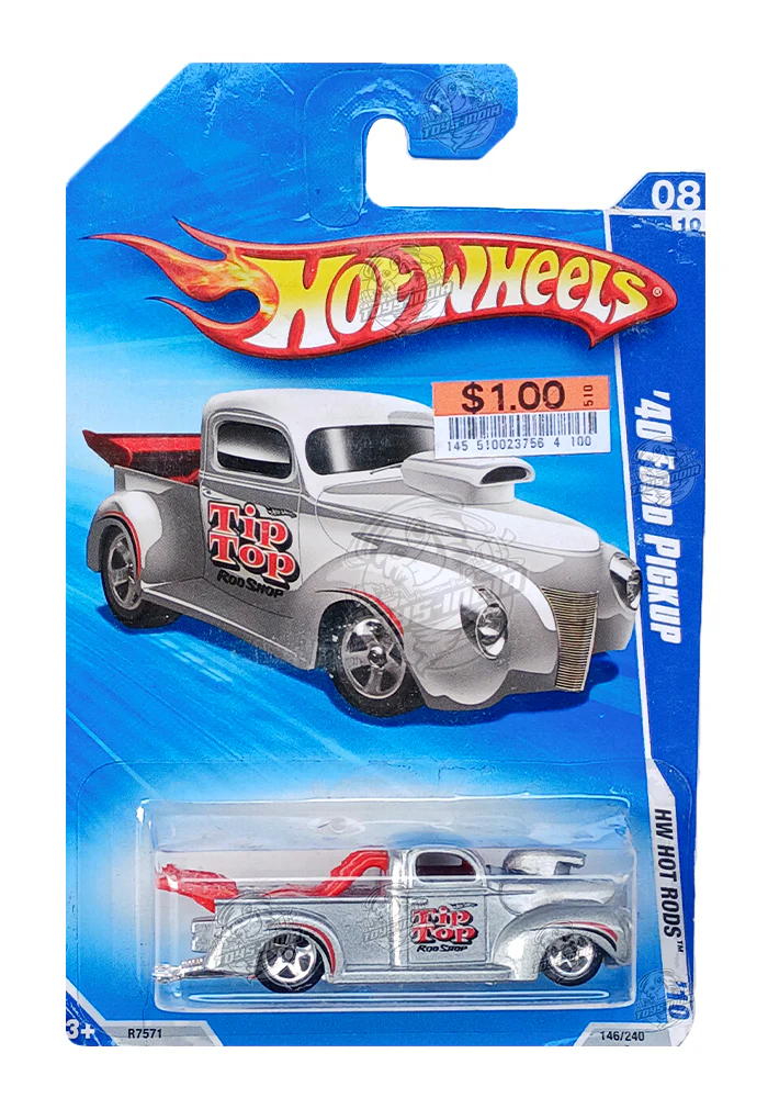 EXCLUSIVES Hot Wheels '40 Ford Pickup - Silver / Red - 2009 Card (Creased Card / Car in Excellent Condition) (With Protector Case)