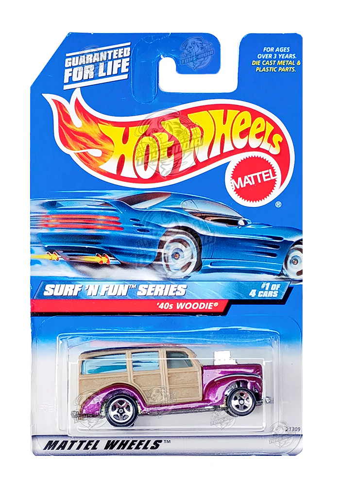 EXCLUSIVES Hot Wheels 40's Woodie - Purple / Beige - 1998 Card (With Protector Case)