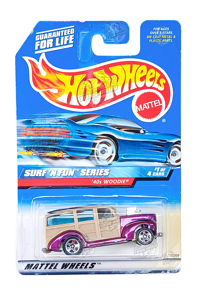 EXCLUSIVES Hot Wheels 40's Woodie - Purple / Beige - 1998 Card (With Protector Case) - Image 2