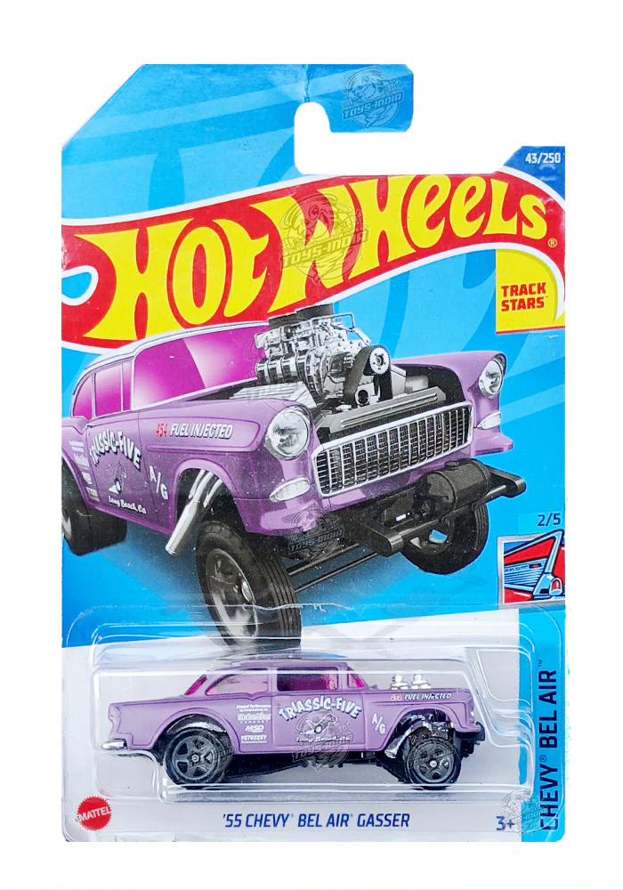 EXCLUSIVES Hot Wheels '55 Chevy Bel Air Gasser - Purple - 2021 Card (With Protector Case)