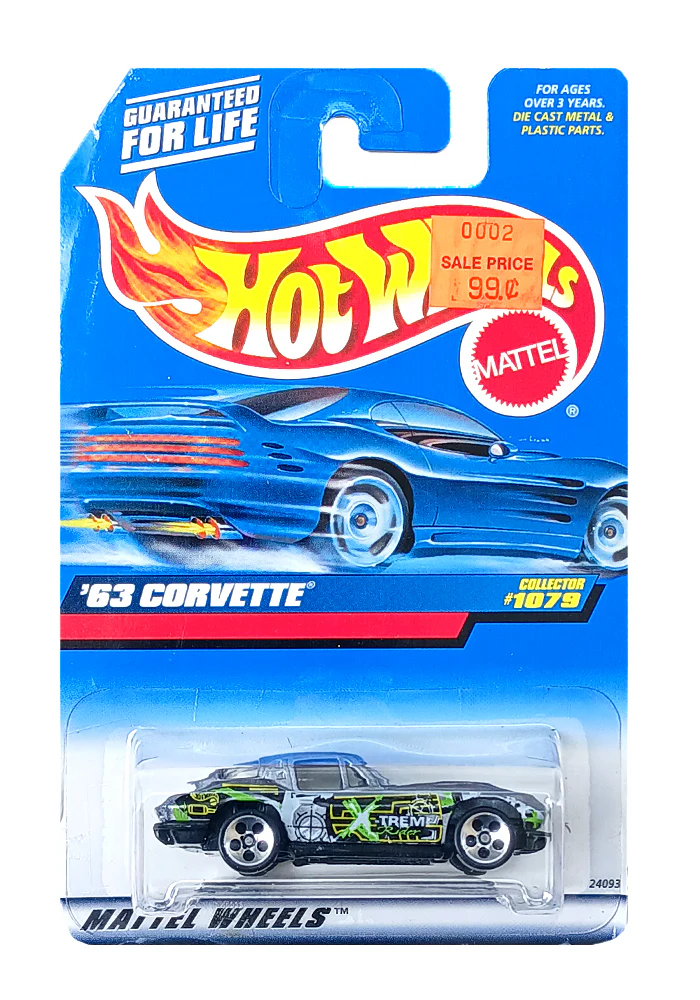 EXCLUSIVES Hot Wheels '63 Corvette - Grey / Green - 1998 Card (With Protector Case)