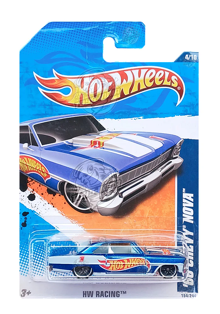 EXCLUSIVES Hot Wheels '66 Chevy Nova - Blue / White - 2010 Card (Creased Card / Car in Excellent Condition) (With Protector Case)