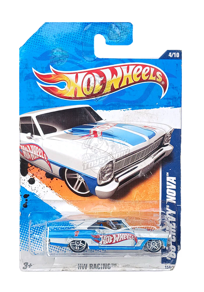EXCLUSIVES Hot Wheels '66 Chevy Nova - White / Blue - 2010 Card (Card Damage / Car in Excellent Condition) (With Protector Case)