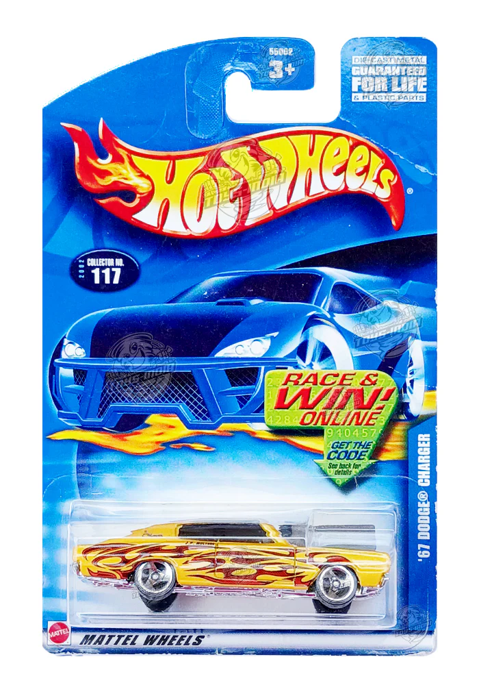 EXCLUSIVES Hot Wheels '67 Dodge Charger - Yellow - 2001 Card (Creased Card / Car in Excellent Condition) (With Protector Case)
