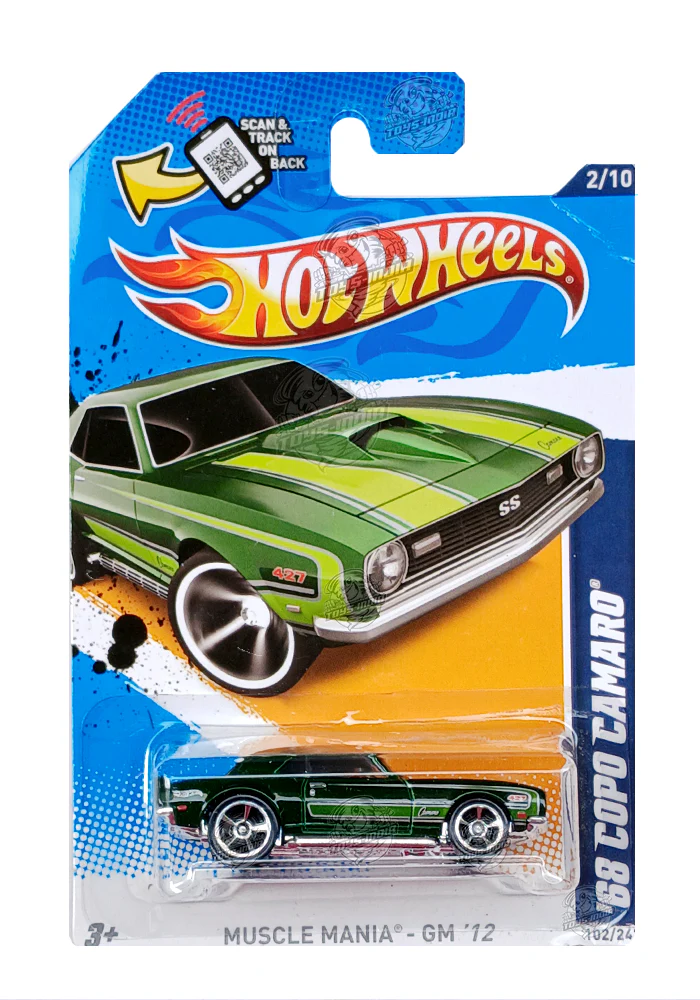 EXCLUSIVES Hot Wheels '68 Copo Camaro - Green - 2011 Card (Creased Card / Car in Excellent Condition) (With Protector Case)