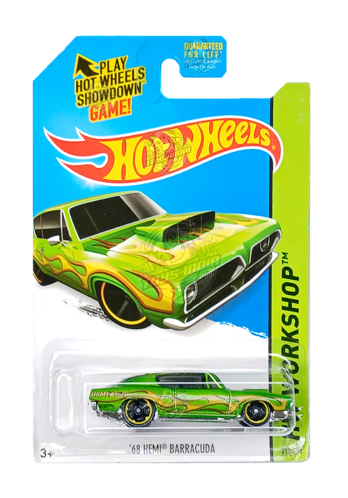 EXCLUSIVES Hot Wheels '68 Hemi Barracuda - Green / Yellow - 2013 Card (With Protector Case)