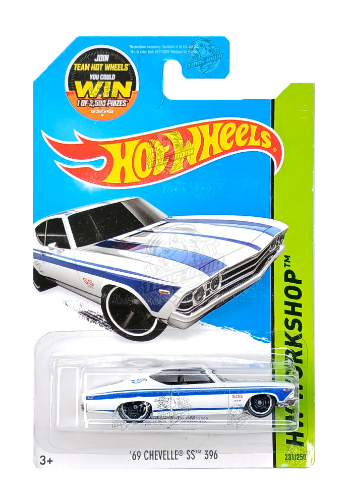EXCLUSIVES Hot Wheels '69 Chevelle SS 396 - White / Blue - 2013 Card (With Protector Case)
