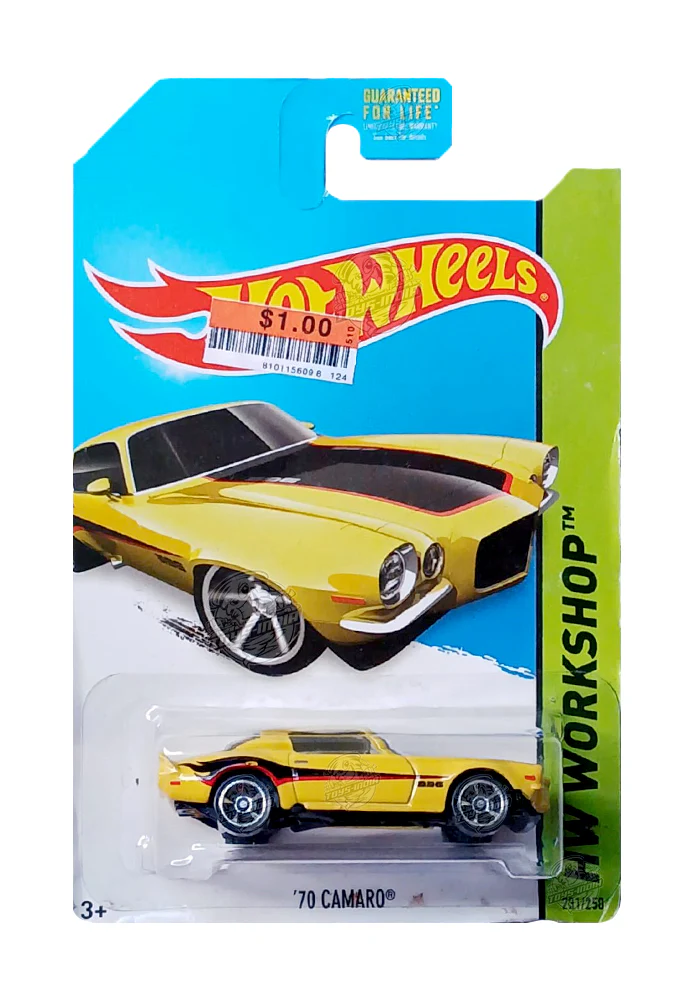 EXCLUSIVES Hot Wheels '70 Camaro - Yellow / Black - 2013 Card (With Protector Case)