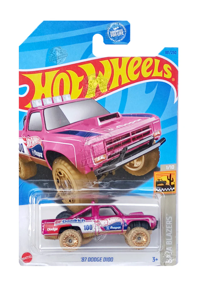 EXCLUSIVES Hot Wheels '87 Dodge D100 - Pink / Brown - 2021 Card (With Protector Case)