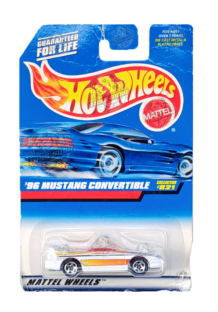 EXCLUSIVES Hot Wheels '96 Mustang Convertible - White / Yellow - 1997 Card (Creased Card / Car in Excellent Condition) (With Protector Case)