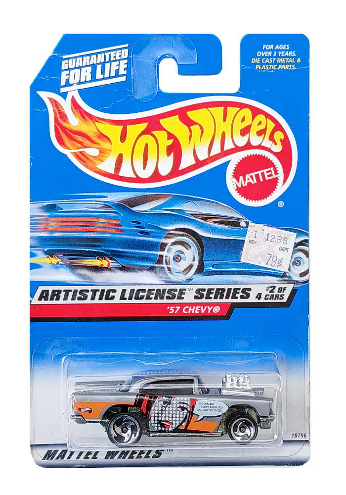 EXCLUSIVES Hot Wheels Artistic License Series '57 Chevy - Grey / Orange - 1997 Card (With Protector Case)