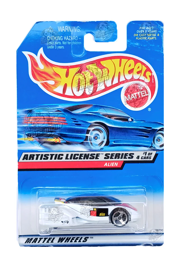 EXCLUSIVES Hot Wheels Artistic License Series Alien - White - 1997 Card (Creased Card / Car in Excellent Condition) (With Protector Case)