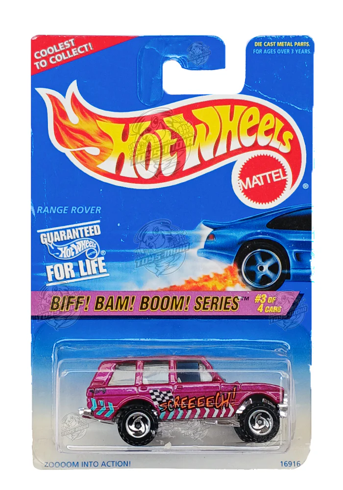 EXCLUSIVES Hot Wheels Biff! Bam! Boom! Series Range Rover - Pink - 1996 Card (Creased Card / Car in Excellent Condition) (With Protector Case)