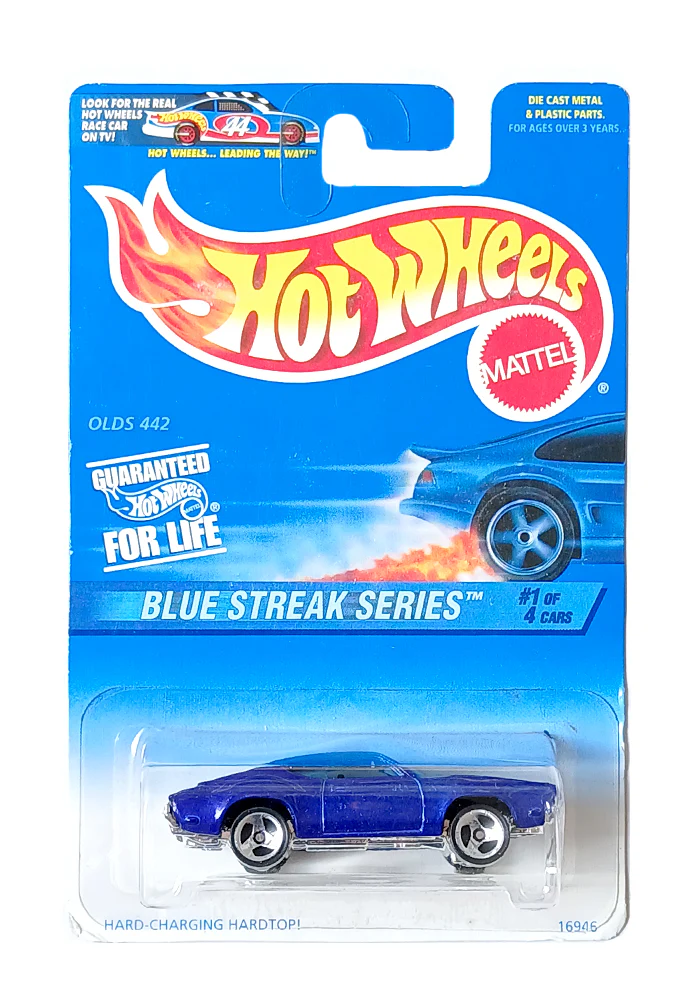 EXCLUSIVES Hot Wheels Blue Streak Series OLDS 442 - Blue - 1996 Card (With Protector Case)