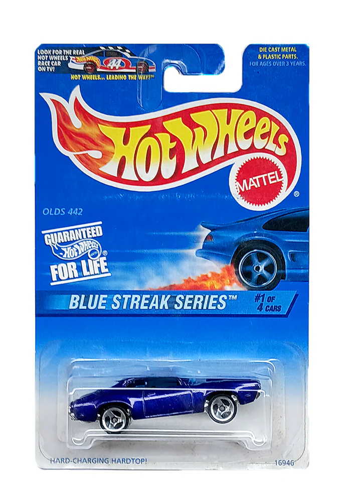 EXCLUSIVES Hot Wheels Blue Streak Series OLDS 442 - Blue - 1996 Card (With Protector Case) - Image 2