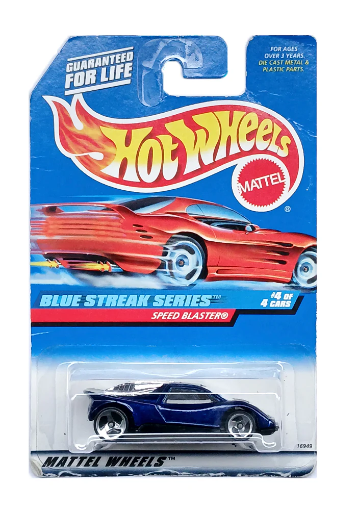 EXCLUSIVES Hot Wheels Blue Streak Series Speed Blaster - Blue - 1997 Card (Creased Card / Car in Excellent Condition) (With Protector Case)