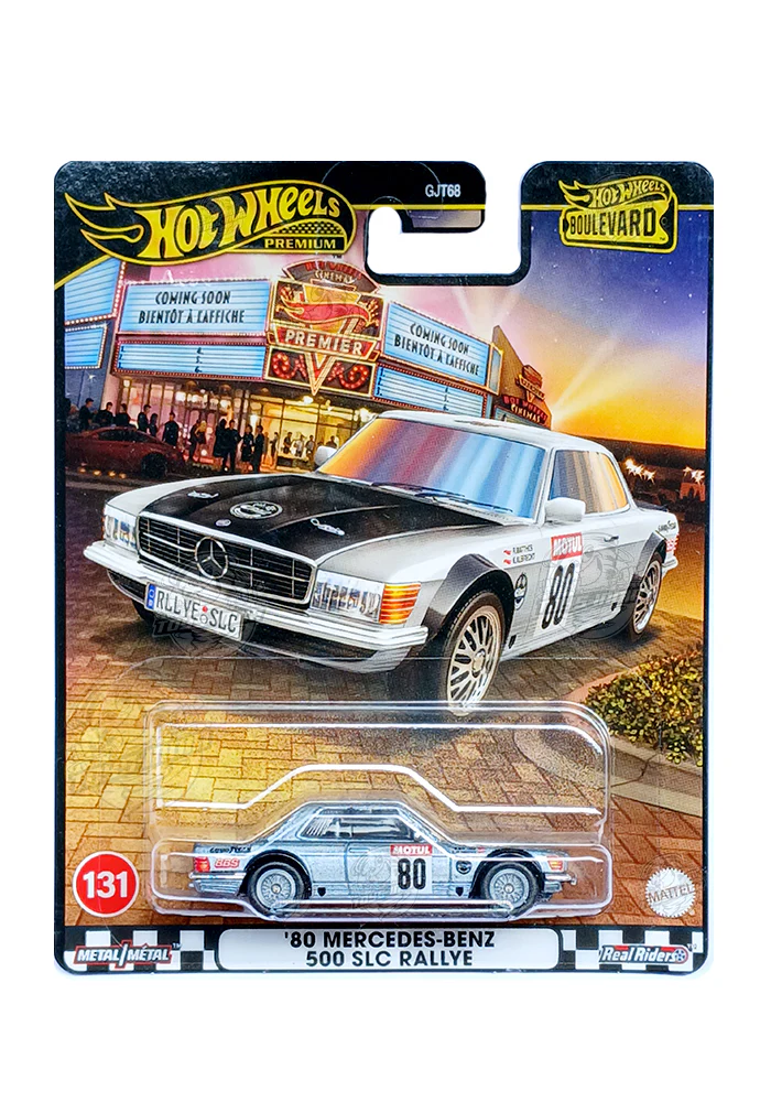 EXCLUSIVES Hot Wheels Boulevard '80 Mercedes-Benz 500 SLC Rallye - Silver / Black - 2023 Card (With Protector Case)