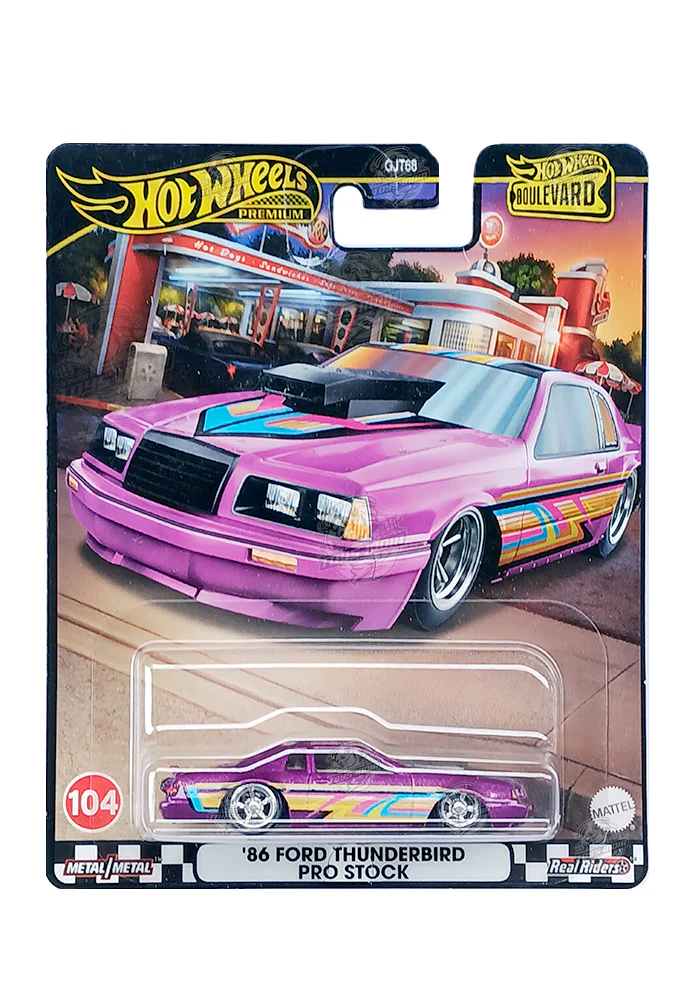 EXCLUSIVES Hot Wheels Boulevard '86 Ford Thunderbird Pro Stock - Purple / Yellow - 2022 Card (With Protector Case)