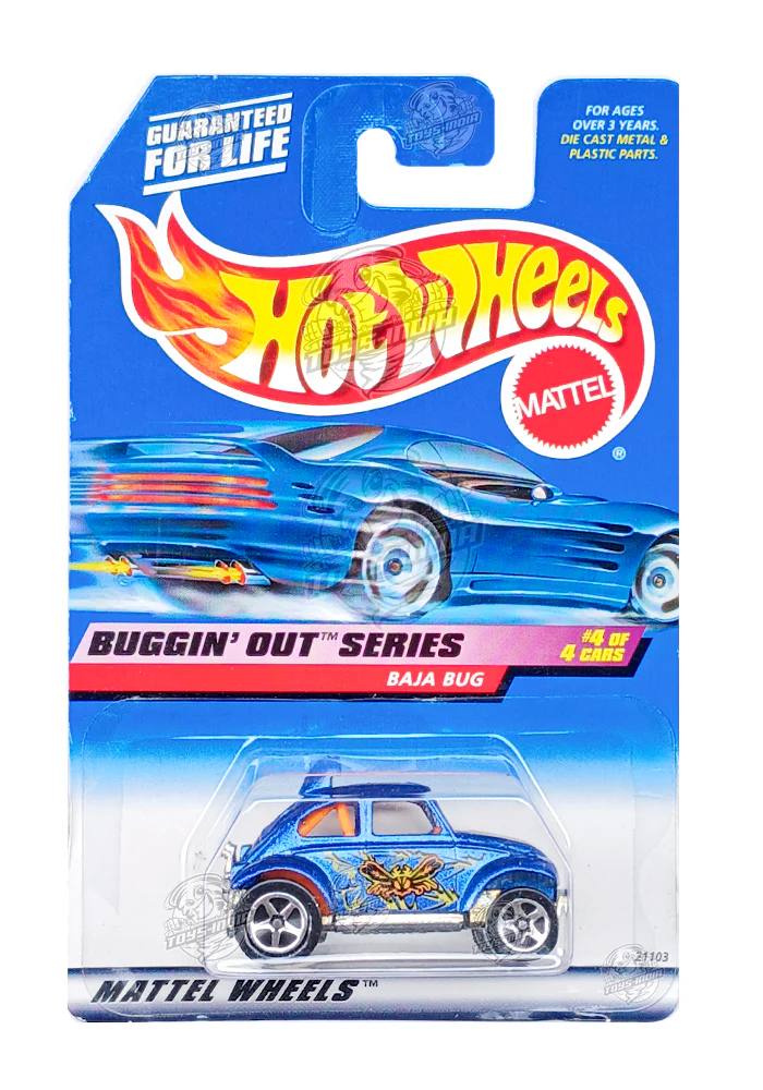 EXCLUSIVES Hot Wheels Buggin Out Series Baja Bug - Blue - 1998 Card (Blister Damage / Car in Excellent Condition) (With Protector Case)
