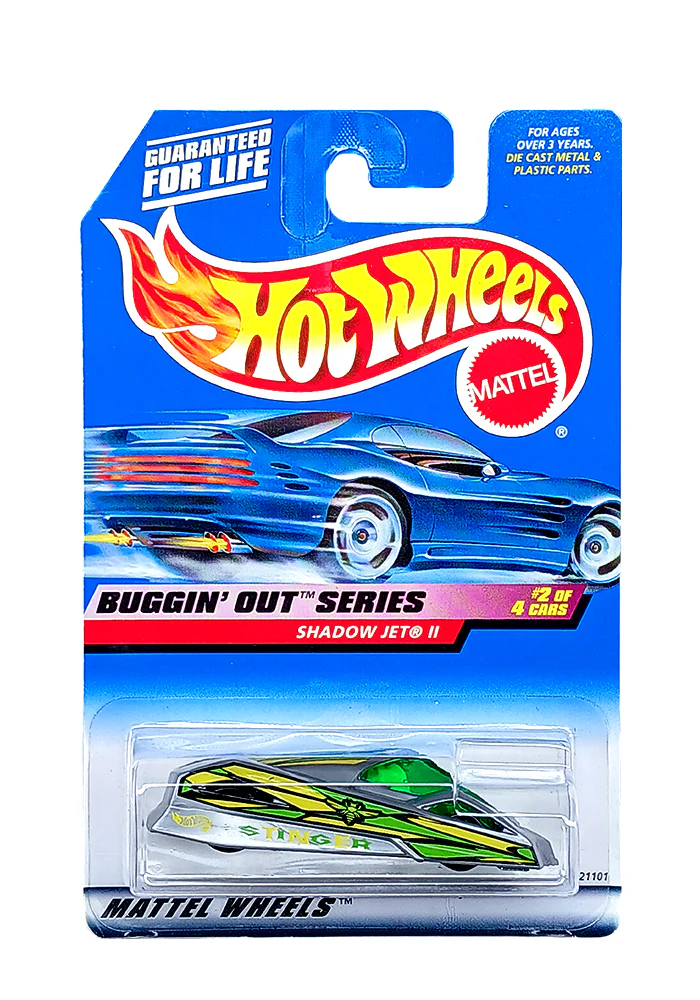 EXCLUSIVES Hot Wheels Buggin' Out Series Shadow Jet II - Green / Yellow - 1997 Card (With Protector Case)