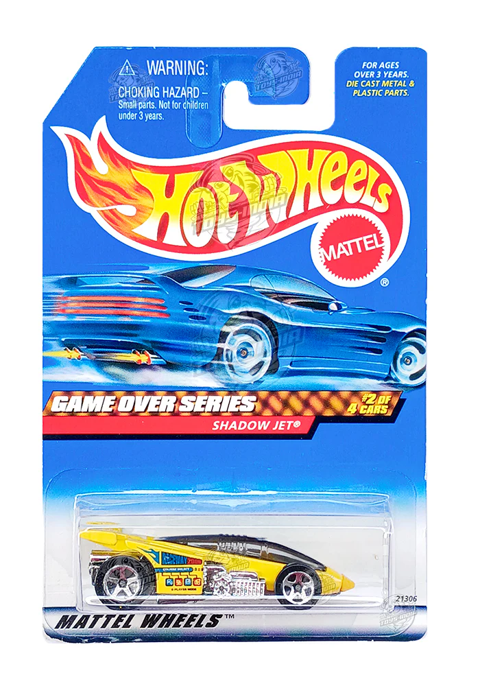 EXCLUSIVES Hot Wheels Buggin' Out Series Shadow Jet II - Silver / Yellow - 1998 Card (With Protector Case)