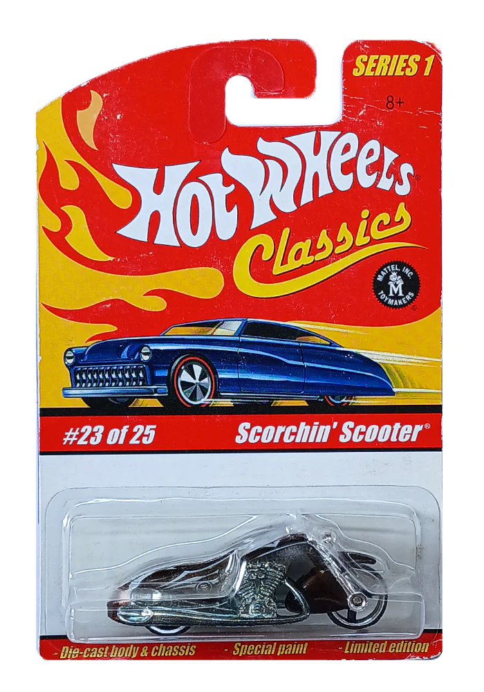 EXCLUSIVES Hot Wheels Classics Series 1 Scorchin' Scooter - Purple / Silver - 2004 Card (With Protector Case)