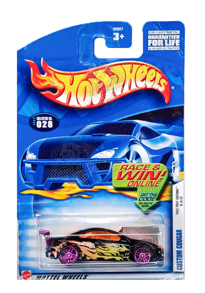 EXCLUSIVES Hot Wheels Custom Cougar - Black / Orange - 2001 Card (Creased Card / Car in Excellent Condition) (With Protector Case)