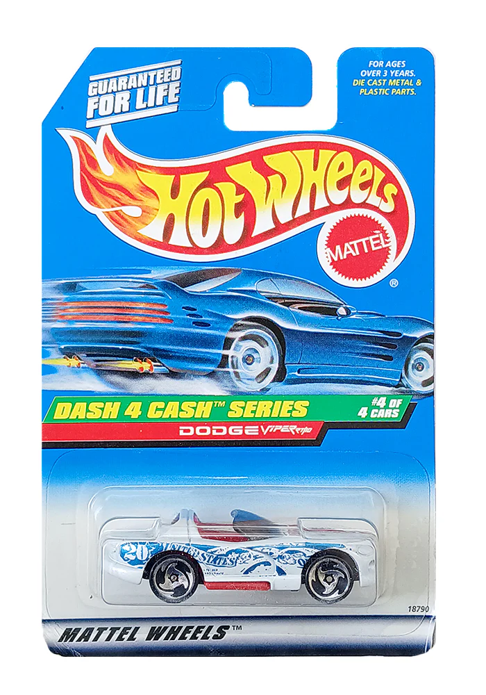 EXCLUSIVES Hot Wheels Dash 4 Cash Series Dodge Viper RT/10 - White / Red - 1997 Card (With Protector Case) - Image 2