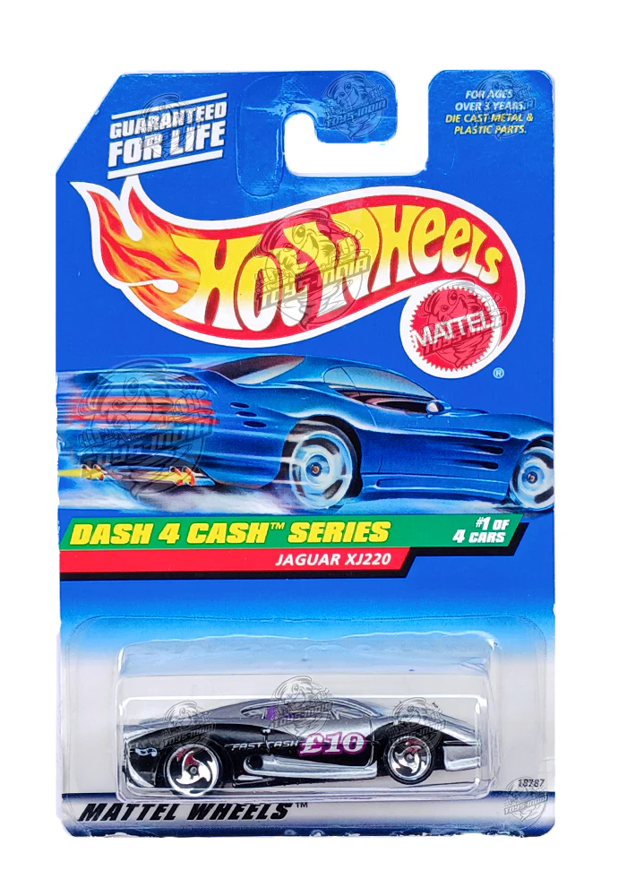 EXCLUSIVES Hot Wheels Dash 4 Cash Series Jaguar XJ220 - Silver / Black - 1997 Card (With Protector Case)