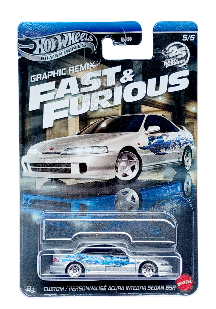 EXCLUSIVES Hot Wheels Fast & Furious Graphic Remix Custom Acura Integra Sedan GSR - Silver / Blue - 2005 Card (With Protector Case)