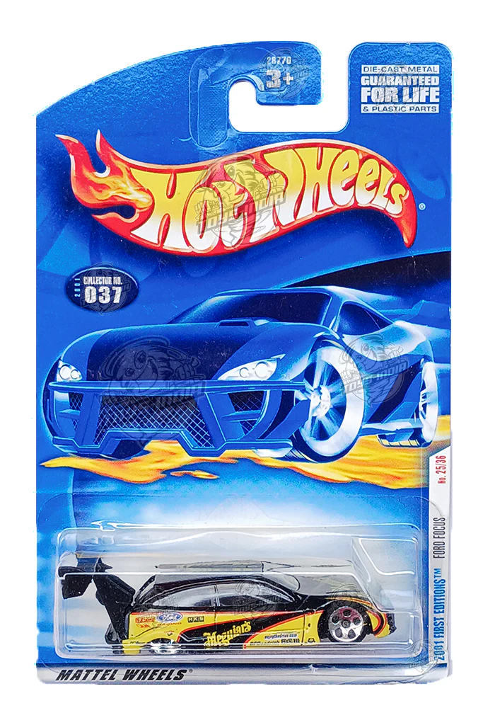 EXCLUSIVES Hot Wheels 2001 First Editions Ford Focus - Black / Yellow - 2000 Card (With Protector Case)