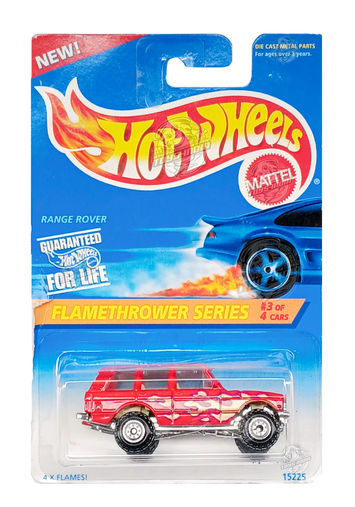 EXCLUSIVES Hot Wheels Flamethrower Series Range Rover - Red- 1995 Card (Card Damage / Car in Excellent Condition) (With Protector Case)