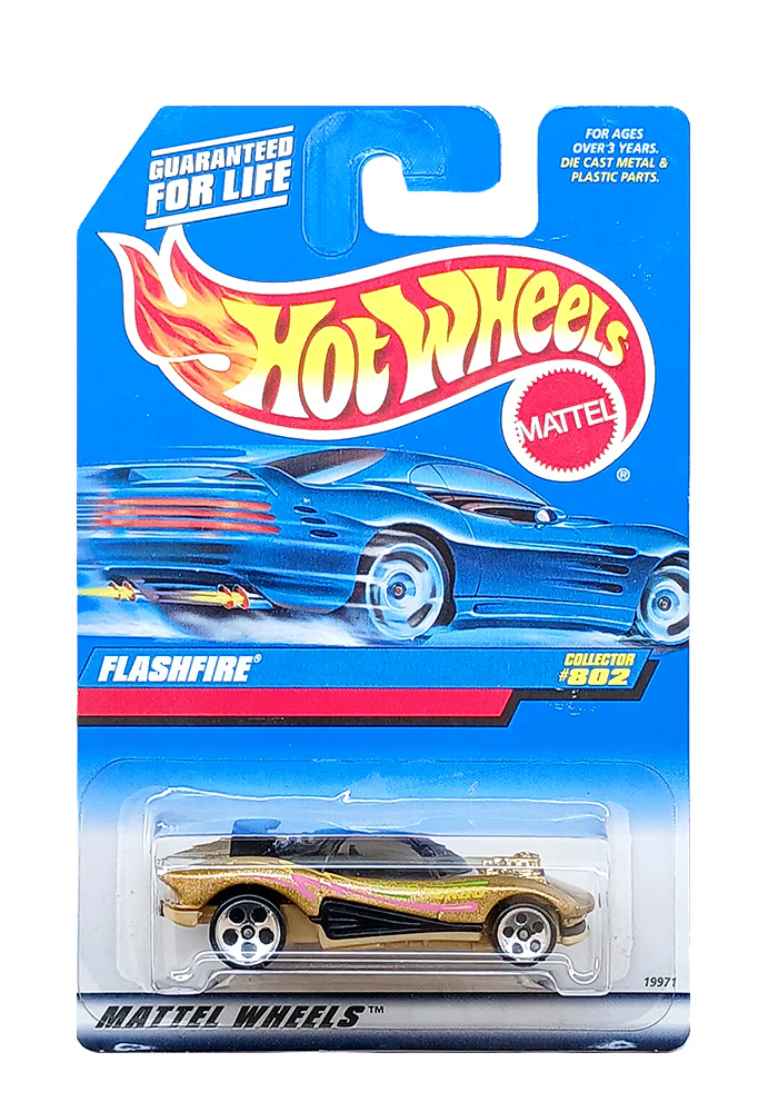 EXCLUSIVES Hot Wheels Flashfire - Golden - 1997 Card (With Protector Case)