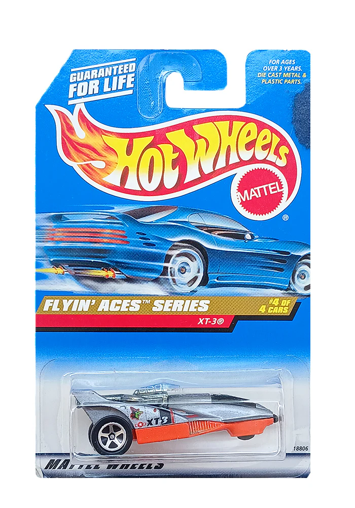 EXCLUSIVES Hot Wheels Flying Aces Series XT-3 - Silver / Orange - 1997 Card (With Protector Case) - Image 2